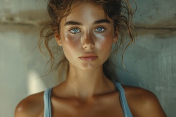 Close-up portrait of a young Caucasian woman in gray sports top against a concrete wall. Attractive brown-haired girl with a confident look. Outdoor workouts, active lifestyle. Toned.