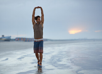 Poster - Health, stretching and beach with man, fitness and vacation with summer break and morning. Travel, ocean and person with holiday or seaside with with exercise, peaceful and water with wellness or sky