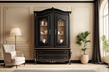 Wall Mural - black wooden cupboard and armchair inside the living room room. luxury interior