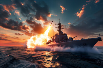 Canvas Print - The warship is firing missiles at the target.