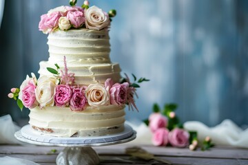 Beautiful rustic wedding cake with copy space.