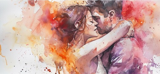 Wall Mural - Watercolor illustration of a loving couple kissing on abstract watercolor background