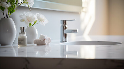 Wall Mural - close up of blank empty space on white marble vanity unit counter top with wash basin, faucet and mirror in an exotic style bathroom.