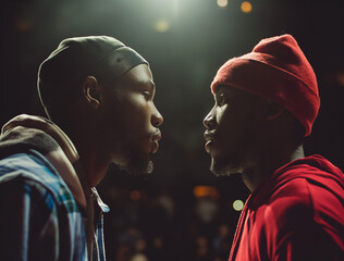 Rap battle between two men in an intense, dramatic-lit setting, evoking the spirit of competitive hip hop.