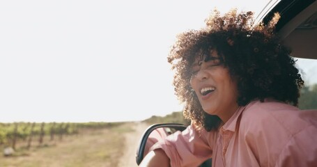 Poster - Window, car and excited with woman, countryside and happiness with adventure, vacation and summer break. Person, outdoor and girl in a motor vehicle, joy and journey with energy, sunshine and freedom