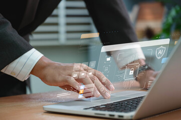Leinwandbilder - Network cybersecurity and privacy using artificial intelligence to safeguard data. AI technology is being used by a businessman to protect data management and information to cyberattacks.