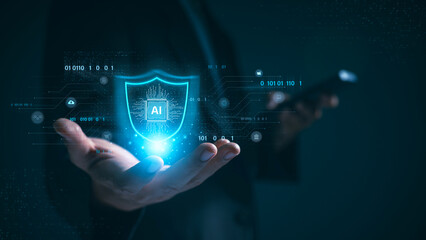 Leinwandbilder - Network cybersecurity and privacy using artificial intelligence to safeguard data. AI technology is being used by a businessman to protect data management and information to cyberattacks.
