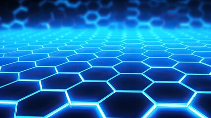 Wall Mural - A background with neon blue hexagons arranged in a grid pattern with a neon glow effect and a lens flare