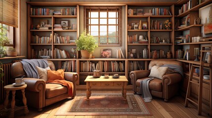 Poster - A cozy library with shelves of books and comfortable armchairs