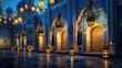 beautiful lamps hanging in the mosque during night time, ramadan kareem background