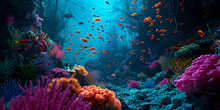  Colorful Coral Reef And Fish In Tropical Sea,  Underwater World Is Thought The Origin Of Earth's Life, Undersea Beauty, A Stress Releasing View Of Fish Aquarium At The End Of A Hardworking Day 