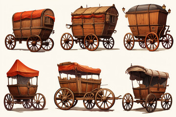  Wild west style wood covered wagon with barrel, shovel, saw and lantern. Hand-drawn western