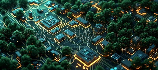 Poster - lighted electrical circuit board showing trees and cities