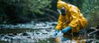A person in protective gear samples river water after chemical waste discharge.