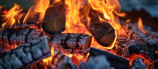 Canvas Print - Firewood burning in hearth. Pyre flames. Fire texture in furnace. Combustion.