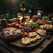 A picture of People are having traditional georgian lunch or dinner of khachapuri, aubergine rolls and other foods on wooden table. Generative AI