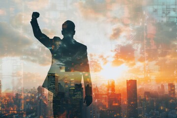 A successful businessman raises his hand in triumph, his image superimposed on a cityscape