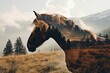 A horse set against a backdrop of wilderness, an artistic double exposure