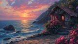 Fototapeta  - Seaside Sanctuary: Charming Cottage by the Sunset Coast