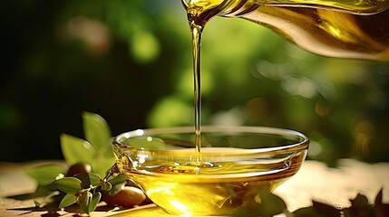 Sticker - Pouring olive oil, with a work of art in the background, raining healthy food, light background  