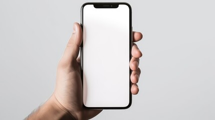 man hand holding smartphone with blank screen on white background, smart phone mockup
