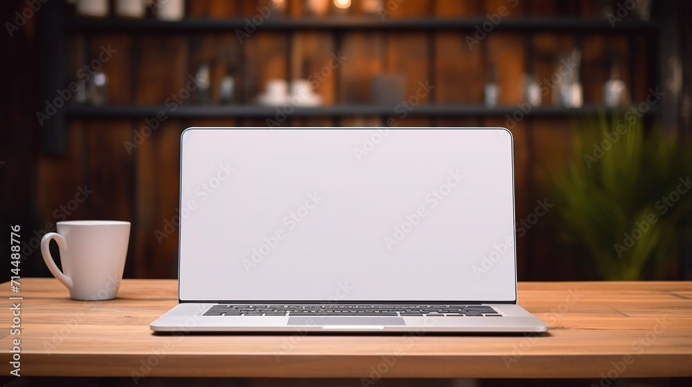mock up blank screen laptop on wood table