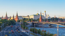 Panoramic View, Moscow Kremlin And Embankment Of Moscow River In Moscow, Russia.