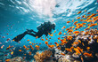 a professional scuba diver driving, swimming and observing fishes and corals in a blue ocean with a fascinating reef view.