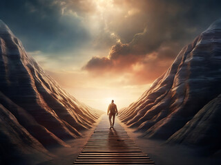 A man standing on a cliff looking at the moon ,man walking up a set of stairs towards a galaxy ,Steps into beyond