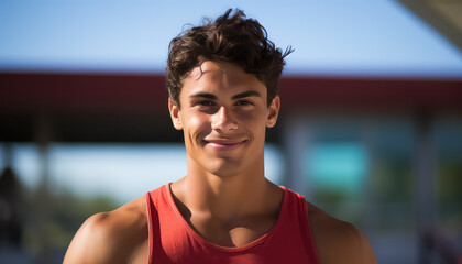 Wall Mural - Man with athletic body in red tank top lifeguard near swimming pool