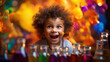 Joyful young child with wide eyes amazed by a colorful science experiment, expressing wonder and excitement.