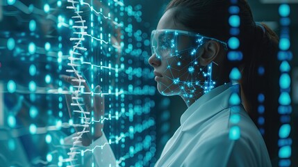 Wall Mural - doctor and medical assistant robot analysis and testing result of dna on modern virtual interface, s