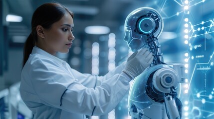Wall Mural - doctor and medical assistant robot analysis and testing result of dna on modern virtual interface, s