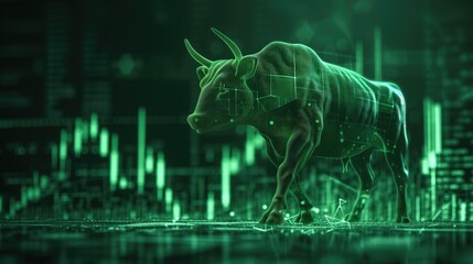 Wall Mural - Stock market bull market trading Up trend of graph green background rising price. concept
