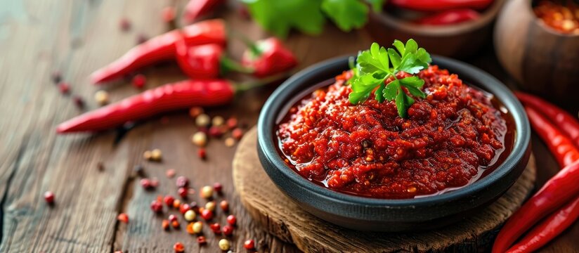 homemade turkish chili pepper paste on wooden table, healthy and traditional.