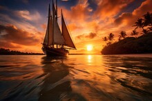 A Sailboat In The Ocean At Sunset. Generative AI.