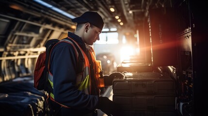 Poster - A man in a safety vest working on a computer. Generative AI.