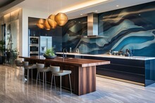 Stunning Modern Kitchen With Spacious Waterfall Island, Exquisite Backsplash, And Stylish Cabinets. Generative AI