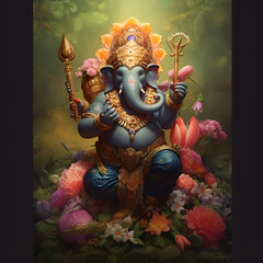 Wall Mural - Firery ganesha with fiery background with black background ai generated