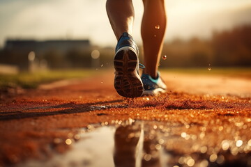 Close up legs with sports shoes running on a track, waking. feet on road. Natural light. Generated AI