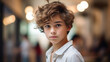Close-up portrait of a young boy with tousled curly hair and a serious expression, set against a blurred indoor background.