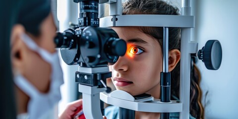 Close up of an ophthalmologist checks the eyesight of a preschooler, annual examination