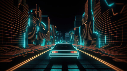 Canvas Print - Car ride on the neon road in 80s retro synthwave style