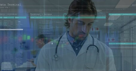 Poster - Animation of computer interface, computer language, graph over caucasian doctor writing in notepad