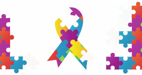 Poster - Animation of multi coloured puzzle pieces and ribbon over white background