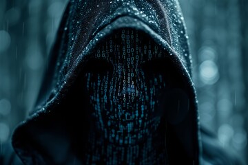 Wall Mural - A hooded figure with a digital code covered face, evoking themes of cybersecurity and anonymity.