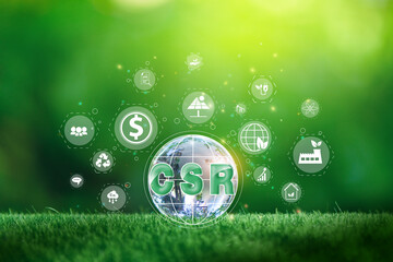Wall Mural - crystal globe putting on moss with csr icon, corporate social responsibility. green nature backgroun