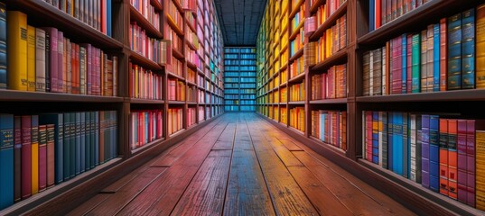 Wall Mural - library with many colorful books in front of bookshelves