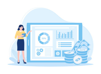 Wall Mural - women analyze data graphs of growth and money earnings concept flat illustration