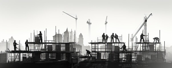 Flat illustration with silhouettes of builders, cranes and construction sites on a white background. Banner. The concept of new construction.